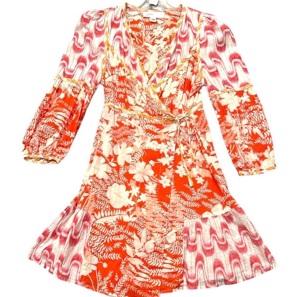 Red and White V-Neck Mini Sundress with Bishop Sleeves